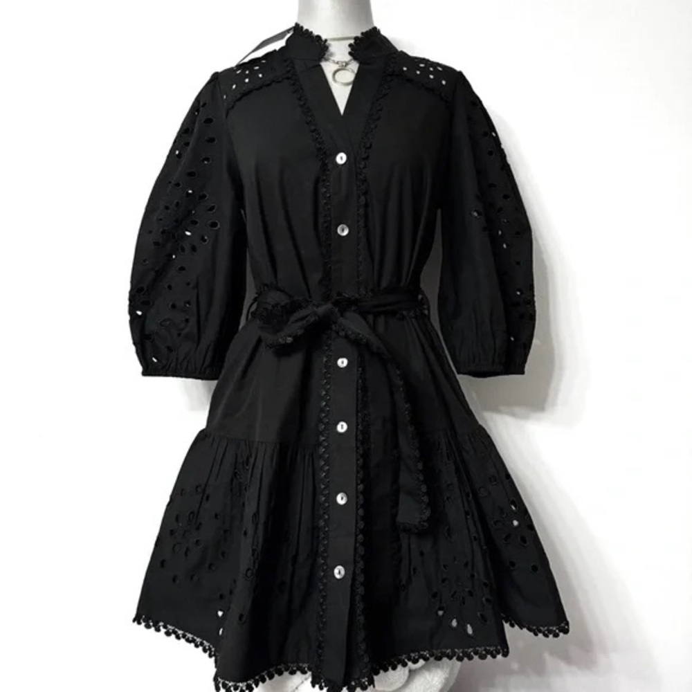 Christian Lacroix Black 3/4 Drop Waist Sleeve V-Neck Mini Dress
